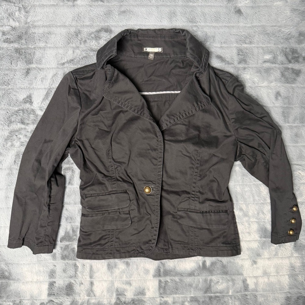 Express Blazer Womens 6 Black Cotton Stretch Military Button Cropped Jacket